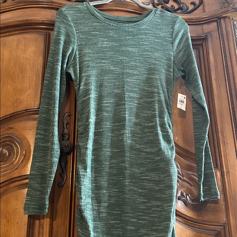 New Midi Green Heathered Bodycon Knit Runched Stretchy Long Sleeve Dress Large - Picture 6 of 10